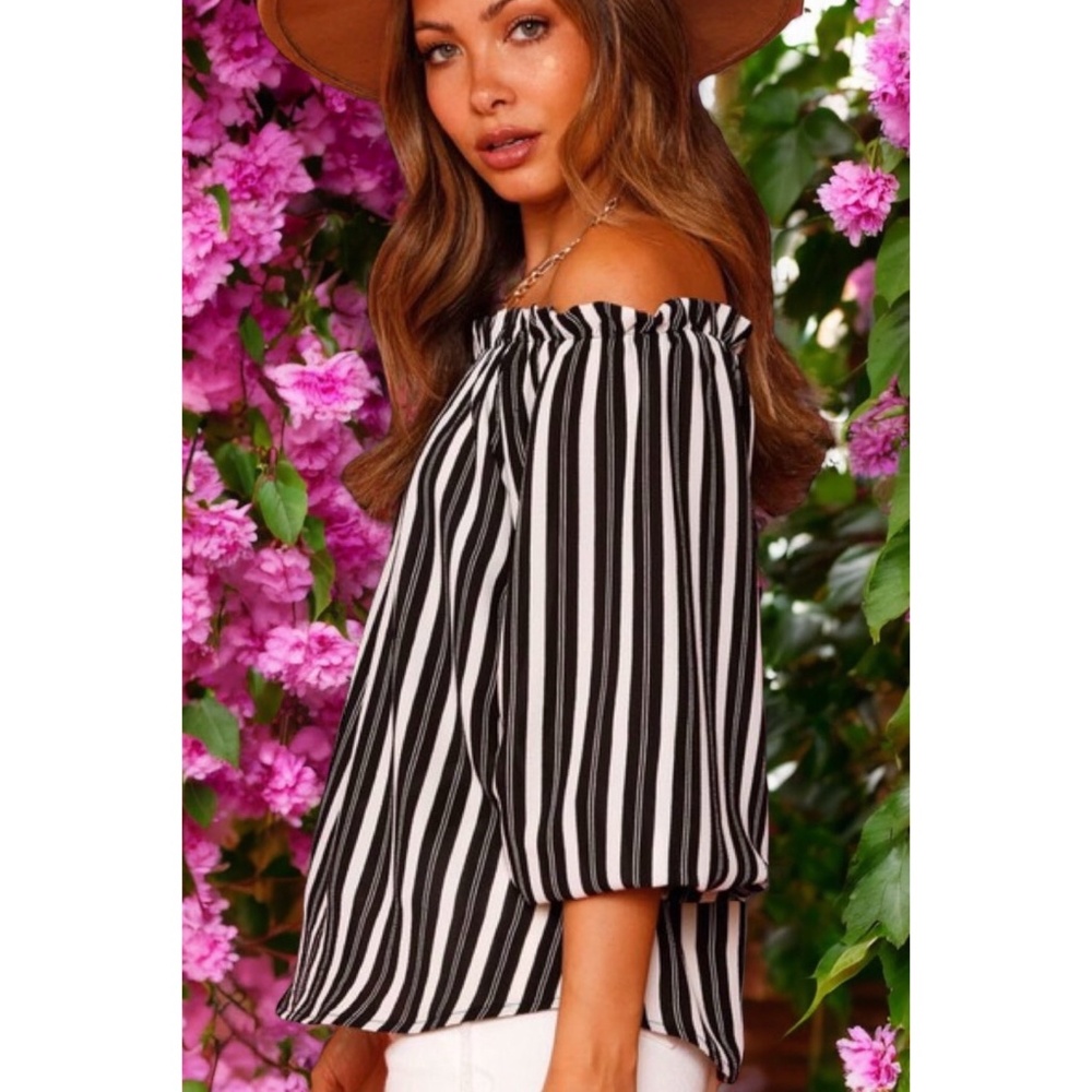 FANTASTIC FAWN Off Shoulder Striped Woven Ruffled Neck Top In Black & Cream - Picture 7 of 9